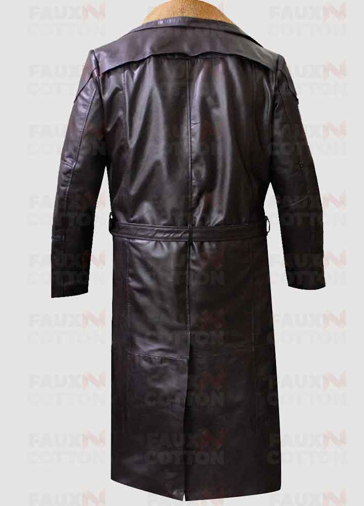 WW2 German Officer Fur Collar Trench Brown Leather Coat